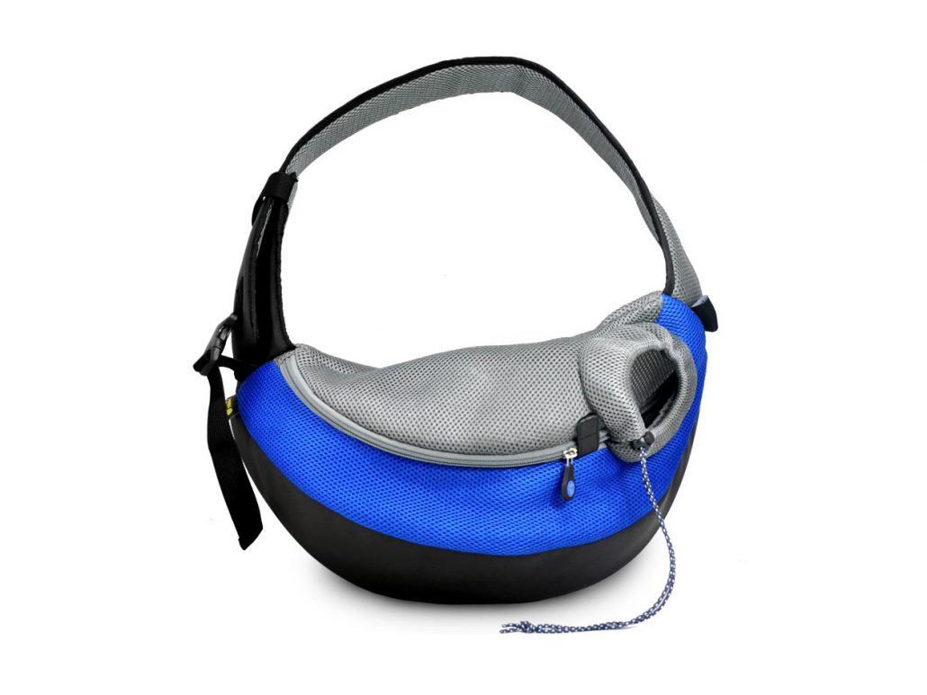 A blue and black crossbody bag with handles.