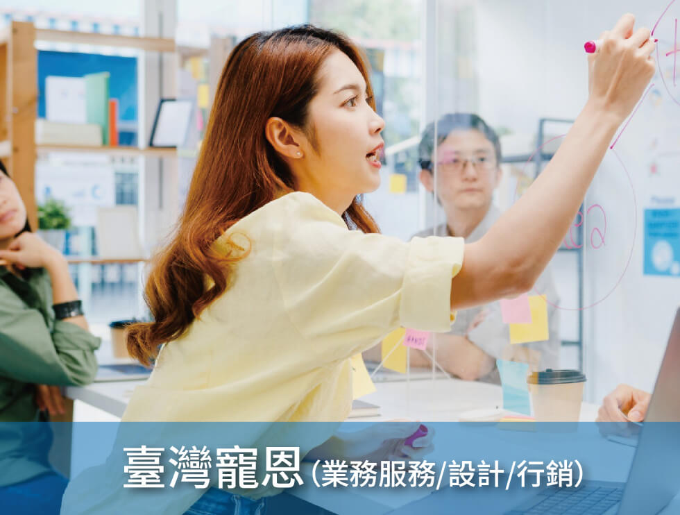 A woman writing on a transparent board in a meeting with two colleagues watching. Text reads: 'Taiwan GoWell (Sales/Design/Marketing)'.